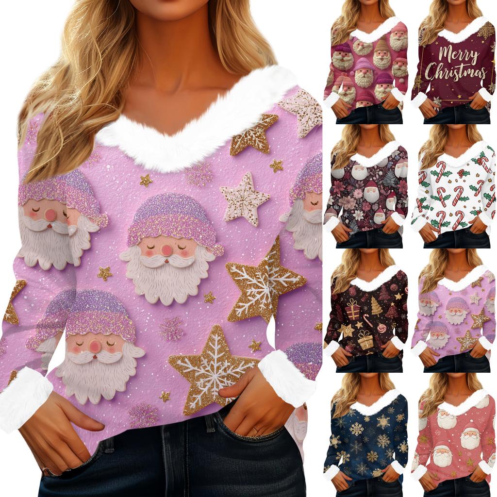 Women's Casual Fashion Long Sleeve Christmas Printed Flannel Collar Top