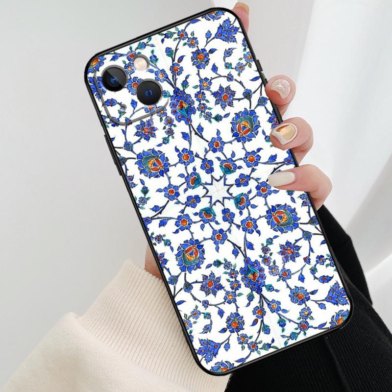 Square Turkish Flower Tiles Phone Case For iPhone 17 Pro Max 14 13 12 11 15 16 Pro Max mini 15 16 Plus 16e 17 Air Cover