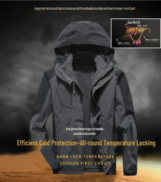 Unisex Cross-Border Hooded Windbreaker Jacket: Three-in-One Velvety Thickening for Autumn/Winter Mountaineering