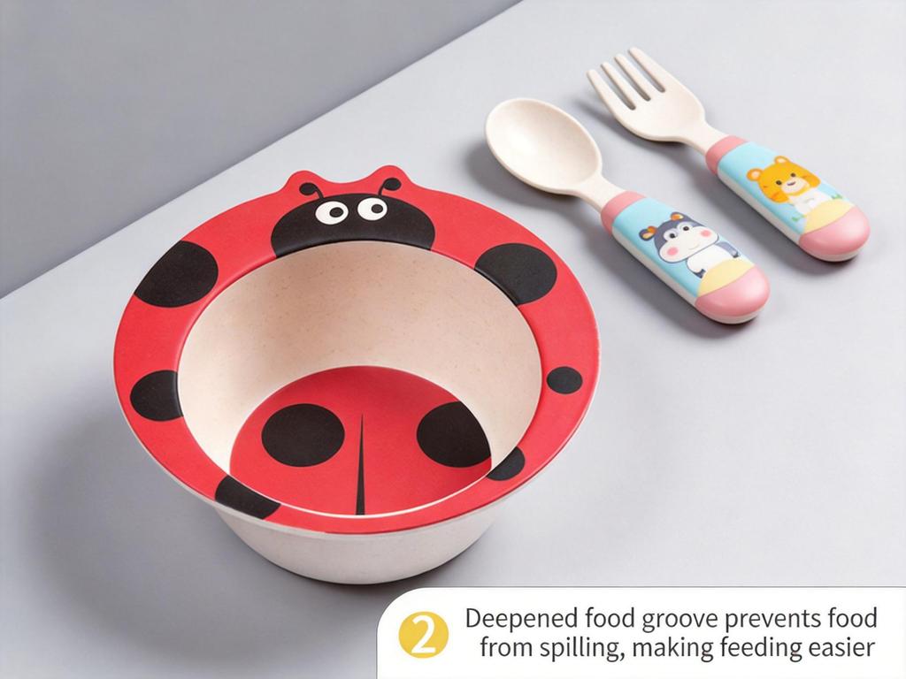 5-Piece Bamboo Fiber Children's Tableware Set: Cow & Ladybug Design with Plate, Bowl, Fork, and Spoon.