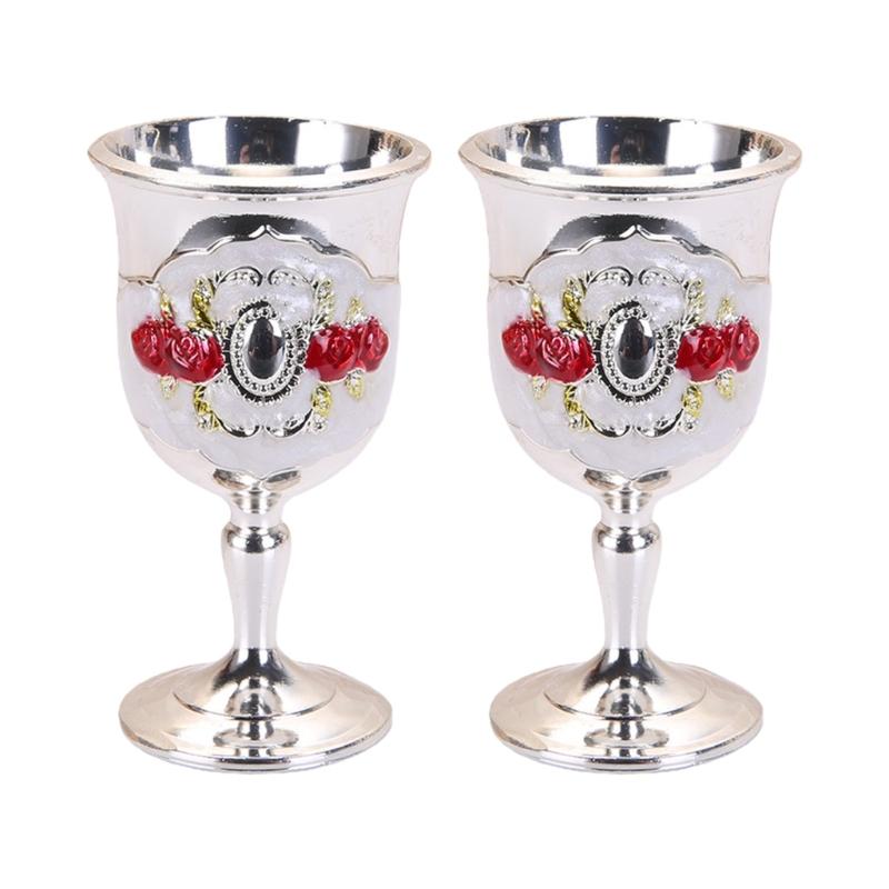 

2Pcs Chalice Goblet Metal Shot Glasses Engraving Rose Flower Wine Cup Medieval Drinkware for Party Wedding Decors Gift