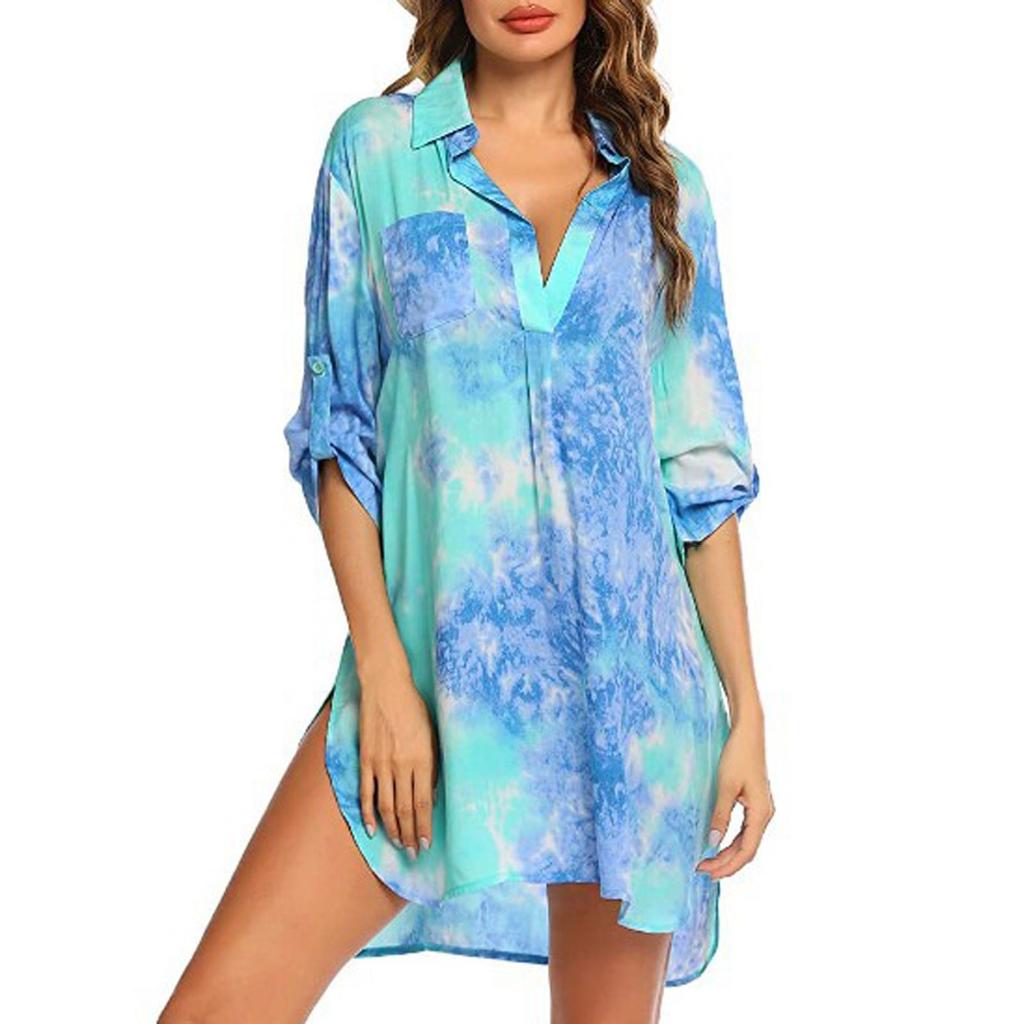 Damenmode bedrucktes, entspanntes, langärmliges, kurzes Strandblusen-Hemdkleid mit V-Ausschnitt