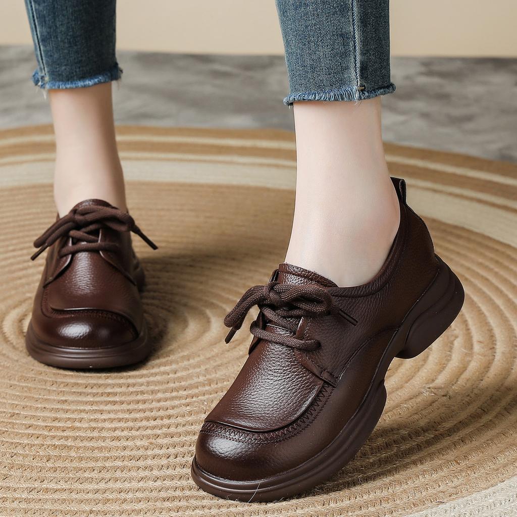 The first layer of cowhide spring new single shoes retro leather leather shoes wide head wide fat feet shoes thick sole comfortable mother shoes