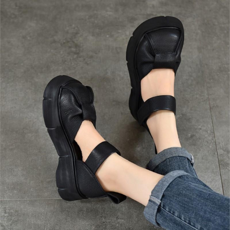 Johnature Retro Lightweight Thick Soled Sandals Genuine Leather Roman Women's Platform Shoes