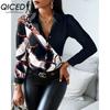 QICED Women's Fashion Casual Solid Color Print Long Sleeve POLO Neck Blouses & Shirts