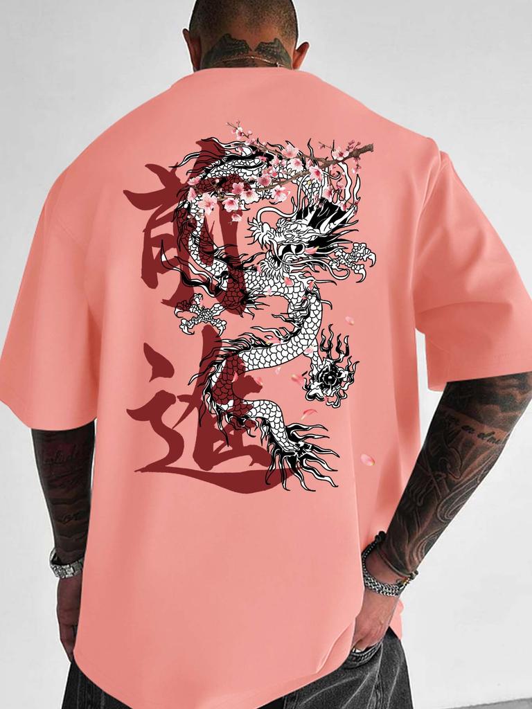 Vintage Red White Dragon With Plum Blossom Streetwear Graphic Tshirt