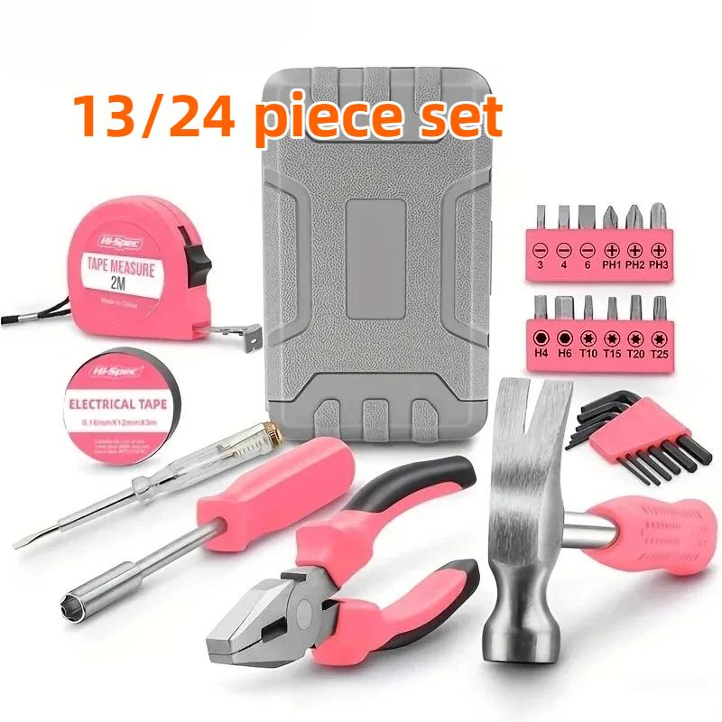 13/24 Piece Pink Multifunctional Hardware Tool Set Pliers Screwdriver Home Repair Toolbox Combination Set Repair Kit Hand Tool