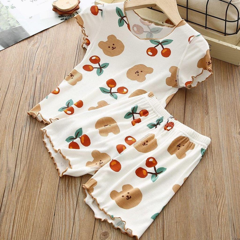 Girls' Summer Ice Silk Pajama Set - Short Sleeve & Pants, Thin Style, for Toddlers, Babies, and Children, Ideal Casual Home Wear.