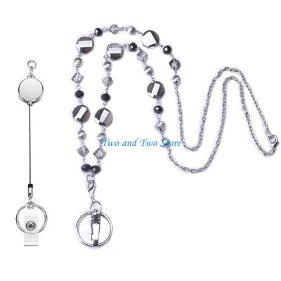 HX6F Women Beaded Chain Necklace Retractable Badge Reel Lanyard Badge Holder Gift