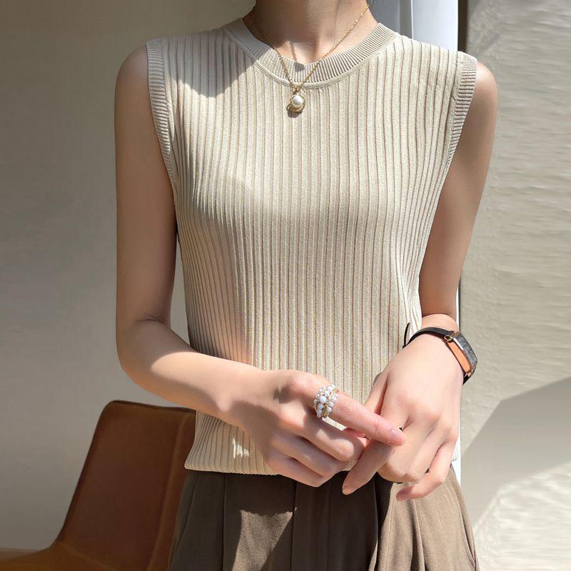 Women's Round Neck Sleeveless Knitted Camisole Tank Top - Ice Silk Summer Base Layer Top