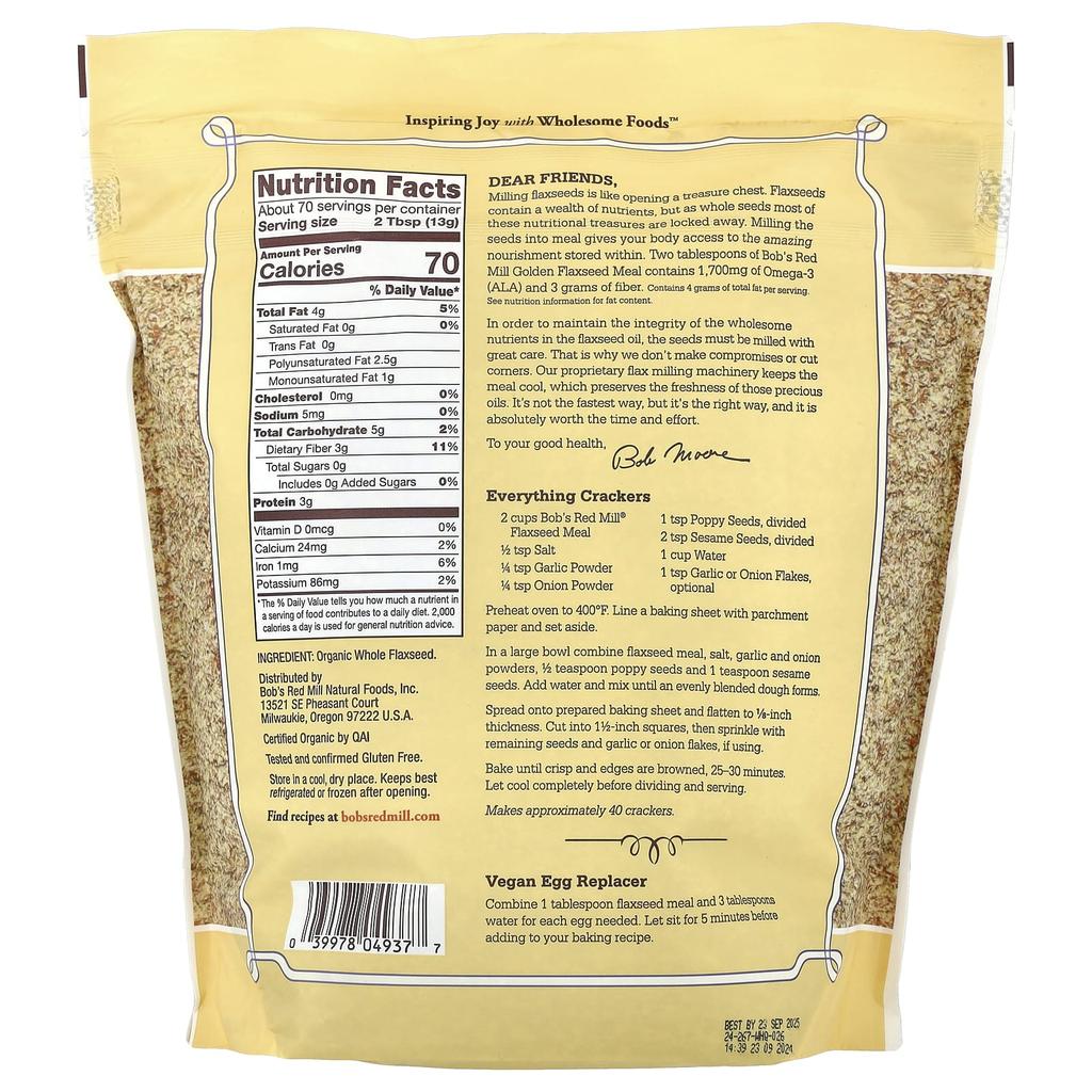 Bob's Red Mill Organic Flaxseed Meal, Natural Powder, 907G (32Oz)