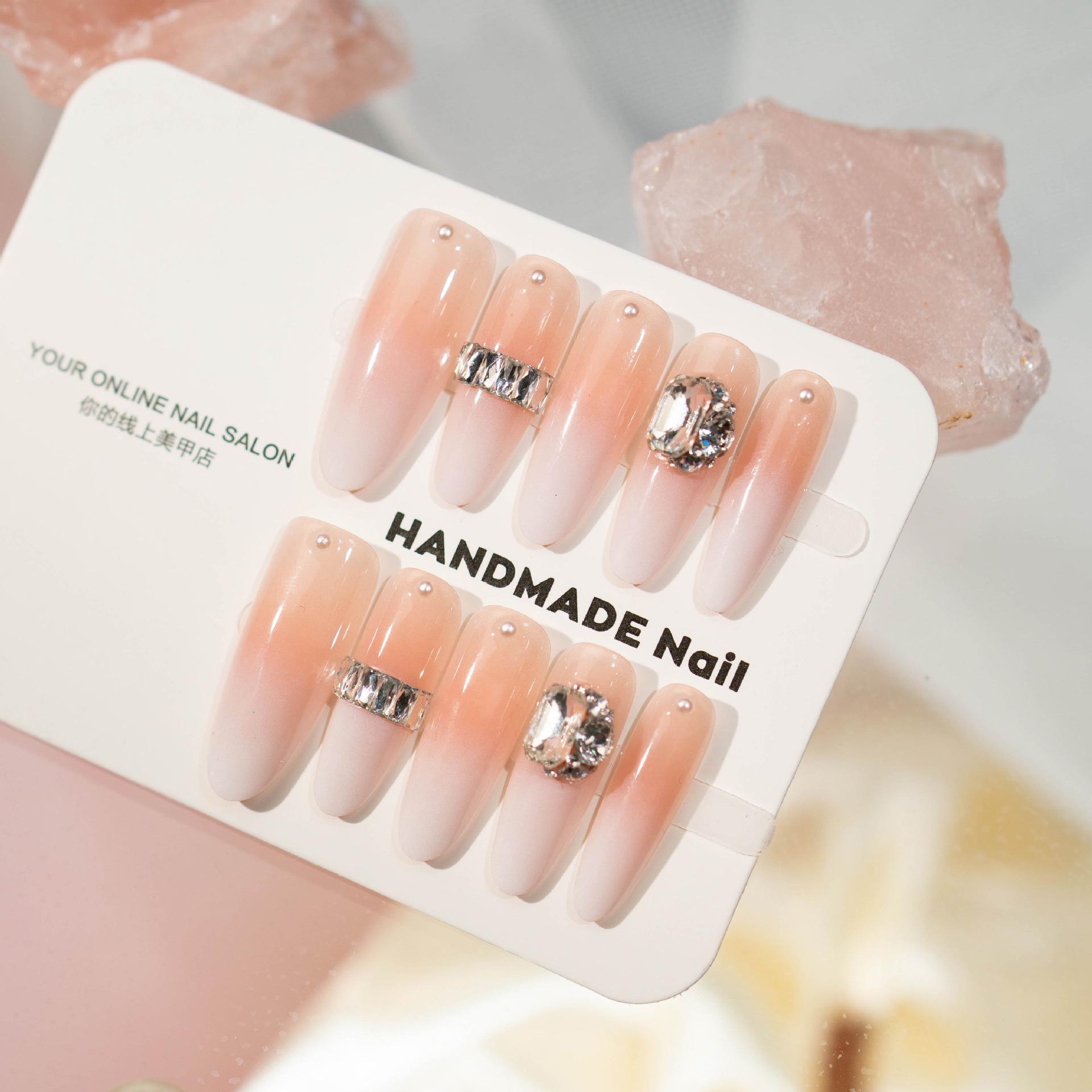 Medium-Length Nude Pink Gradient Press-On Nails with Sparkling Diamonds: Elegant, Youthful, Skin-Tone Enhancing - Perfect for Spring/Summer Dates.