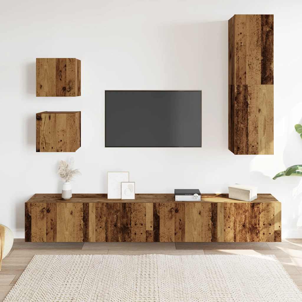 5 Piece Wall Mounted TV Cabinet Set Rustic Wood Look Engineered Wood