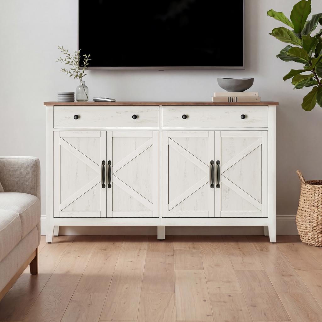 VASAGLE BBK381W02 Sideboard Storage Unit with Drawer, Kitchen Cabinet with Doors, Adjustable Shelf, Country Style, for Living Room, Dining Room
