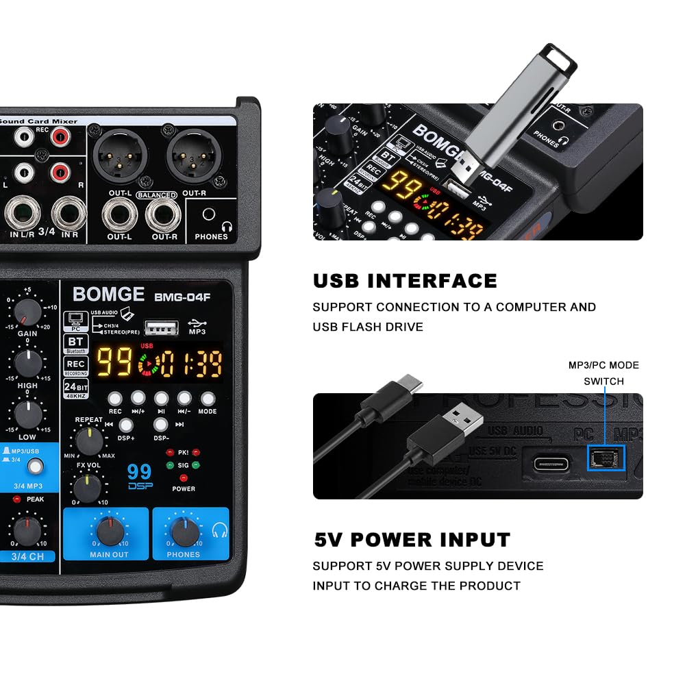 DJ Audio Sound Mixer with Stereo 48V 16 DSP Echo for Live Church and Music Production BOMGE-04F 4-Channel MP3, USB, Bluetooth, Record, Power, Effects,