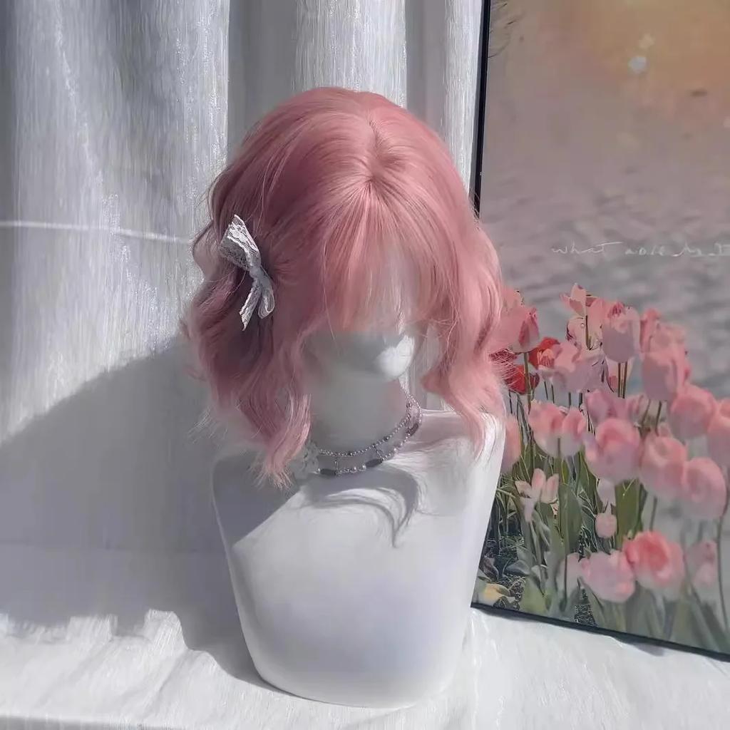Ashely Pink Wig Short Bobo Curly 14inch Sweet Cosplay Wigs for Women Lolita Headband Wig Heat Resistant Matte Synthetic Wigs