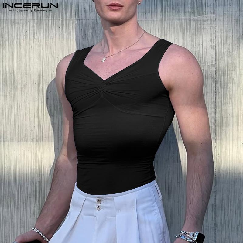 INCERUN Men V Neck Strap Sleeveless Twisted Casual Fitted Tank Tops Undershirts