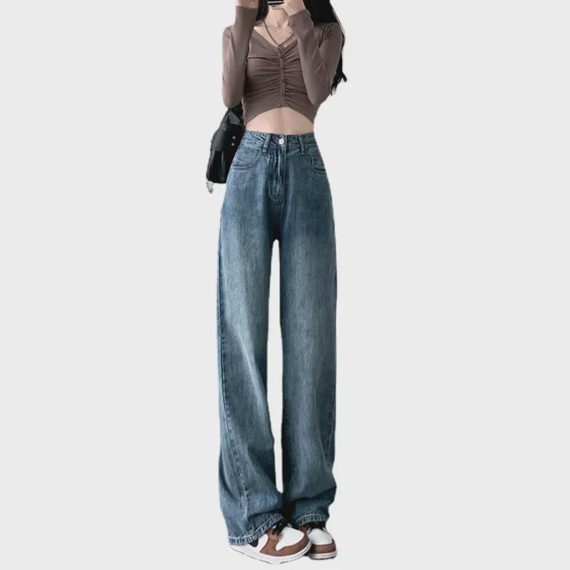 Women's Thick Velvet-Lined Wide-Leg Korean Style Jeans - High Waist, Loose Fit, Floor-Length, Slim Straight, Perfect for Winter Warmth.