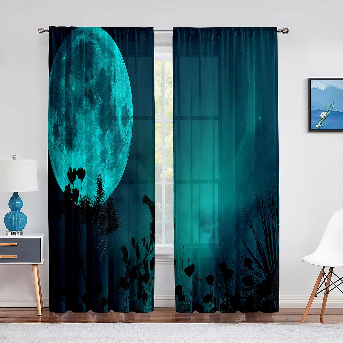 

Тюлевые шторы с полной луной, фантазией, звездным небом, ночной сценой, для гостиной, спальни, кухни, декор, прозрачная вуаль, занавески из органзы 1 PCS W100XH250cm&Grommet Top
