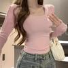 Solid Color U-Neck Long-Sleeve Slim Fit Korean Style Women's T-Shirt - Autumn 2024 Collection