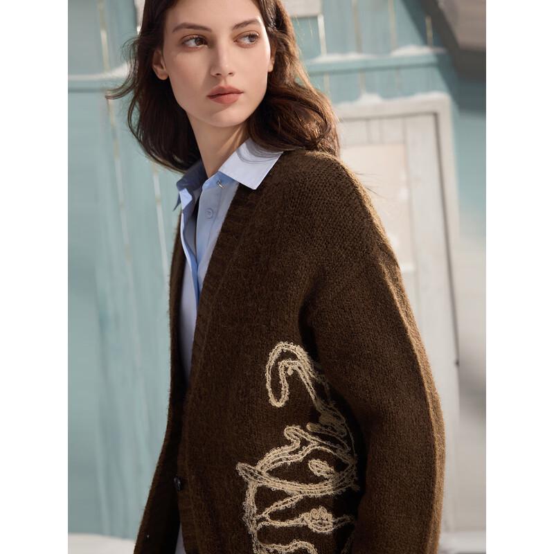 ELLE Women's Retro Embroidered V-Neck Knit Cardigan