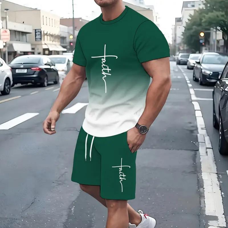 Gradient Men's Suit Casual New Short Sleeve With Shorts 3d Letter Faith Printed T-Shirt And Drawstring  Shorts 2-Piece Sets