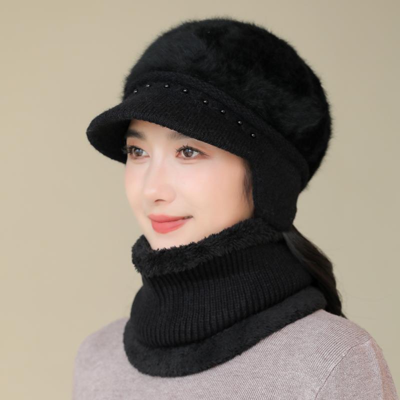 Nová dámská zimní čepice zateplená čepice a šála pletený oblek módní králičí kožešinová čepice pro ženy ležérní květinová pletená čepice
