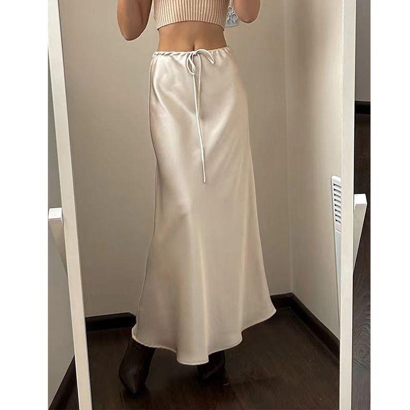 Solid Color Skirt European and American Sheath Summer Satin Long dress High Waist Drawstring Lace-up Solid Skirt