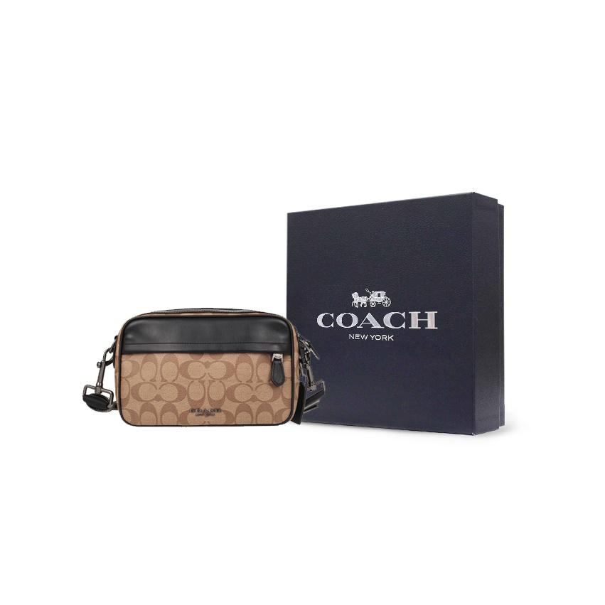 Coach Graham 23 Metallic Logo Iconic Pendant Color Block Leather Camera Bag Men Shoulder Bag Black Khaki Brown 50715-QBTN2