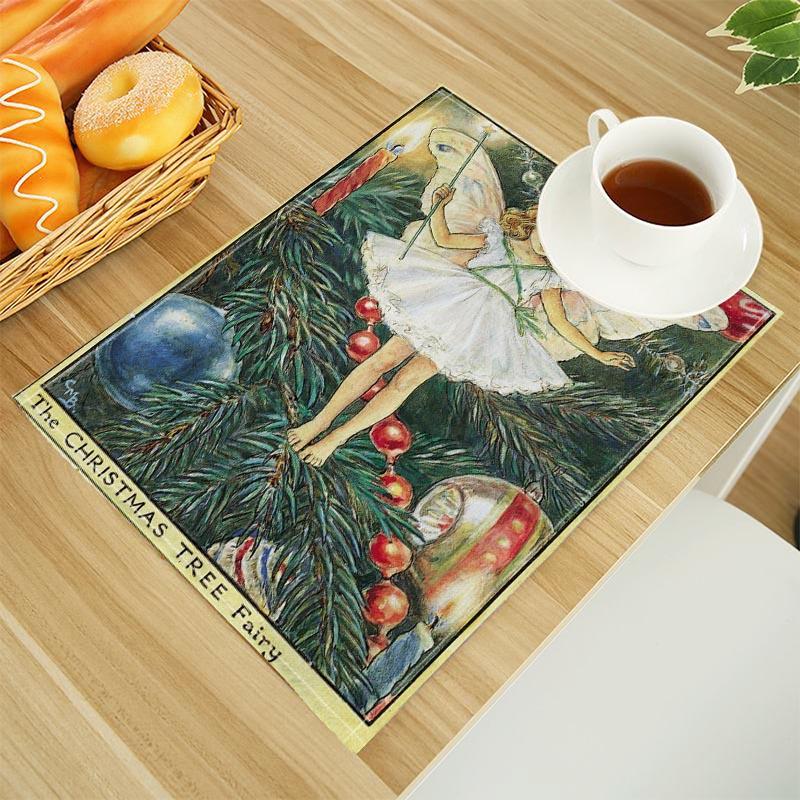 The Fairies Of The Winter Print Linen Dining Table Mats Alphabet Kitchen Placemat 30X45cm Coasters Pads Bowl Cup Mat