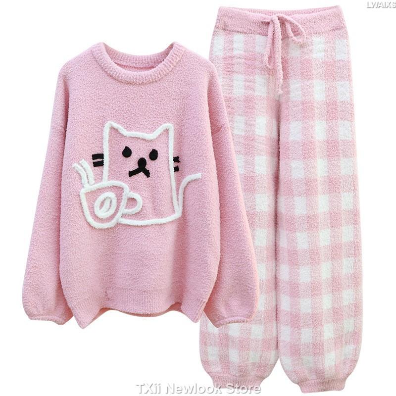 Wearing Soft Pajamas Women's Autumn and Winter Sweet Japanese Style Fleece-lined Thickened Cartoon Cat Two-Piece Home Clothes