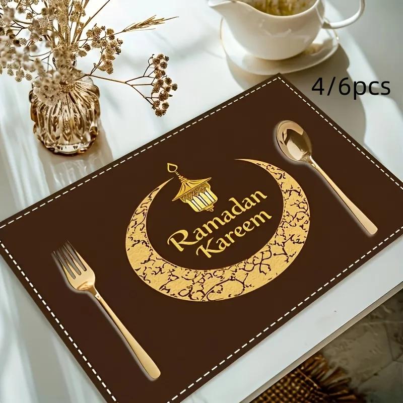 

4/6pcs Ramadan Linen Placemats - Lantern & Moon Woven Table Mats for Kitchen, Dining & Celebration Decor, Hand Wash 1pcs