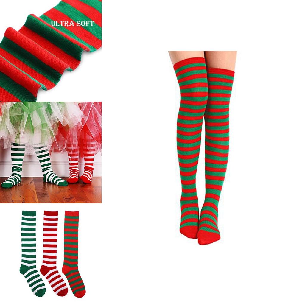 Christmas Elf Long Striped Thigh Stocking For Kids Adults