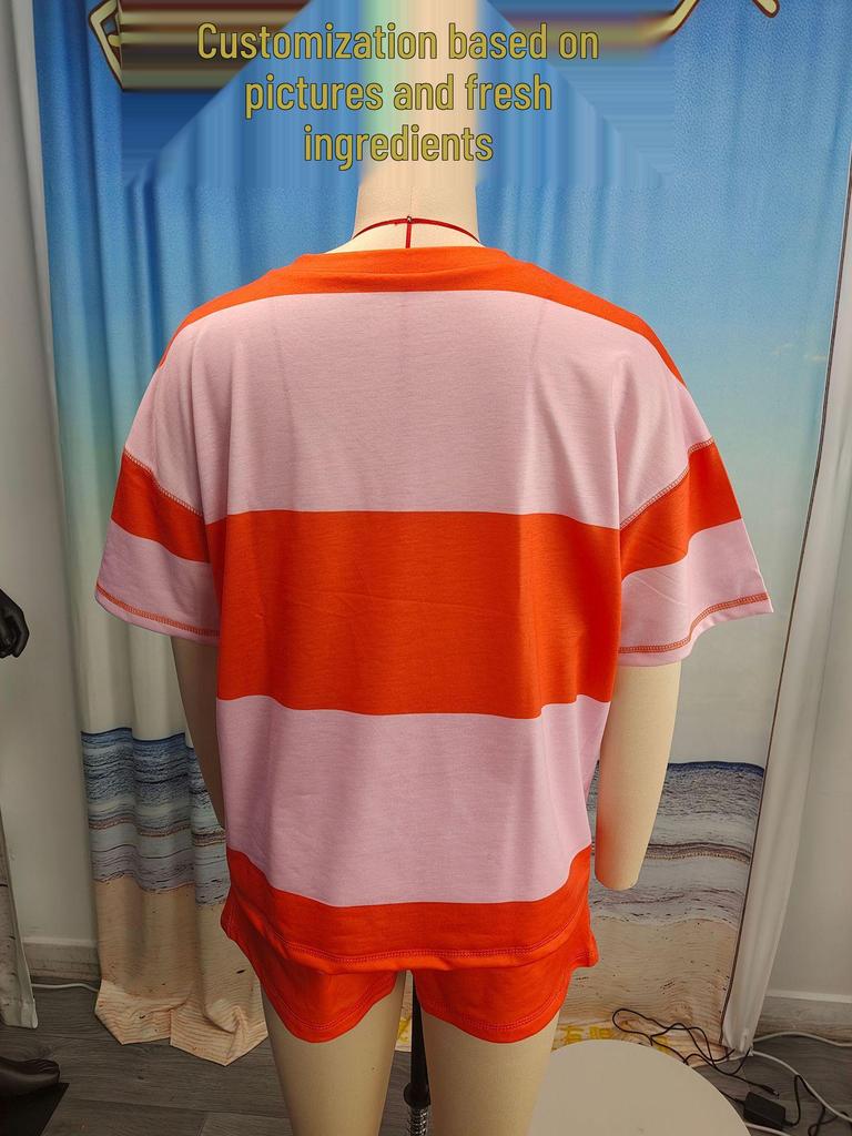 Spring/Summer Women's Striped Short-Sleeve Top & Casual Shorts Two-Piece Sportswear Set