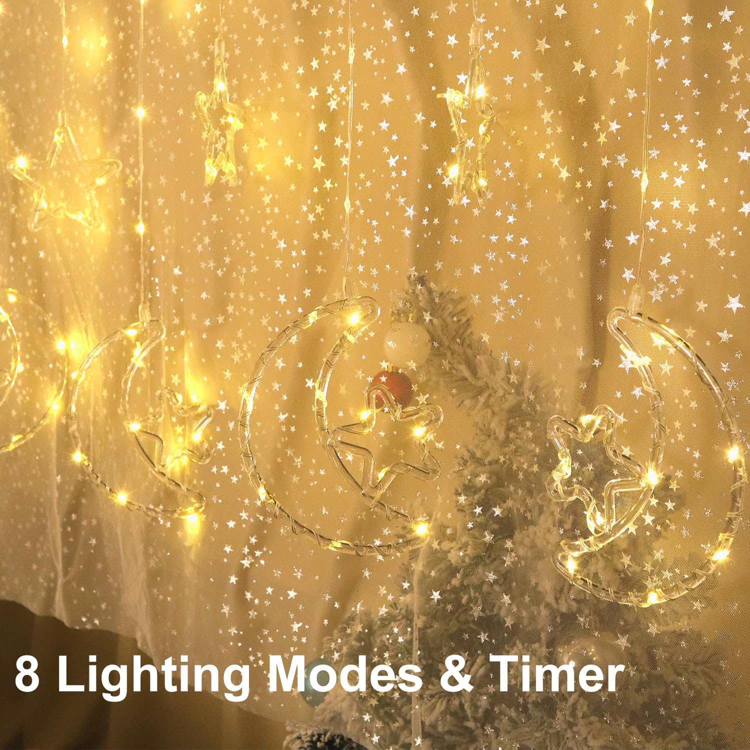 

15,7 футов Гирлянда-занавес Звезда Луна для спальни, 115 светодиодов Рамадан Сказочный мерцающий свет для окна, 8 режимов освещения Таймер Память, Настенный фон Комната