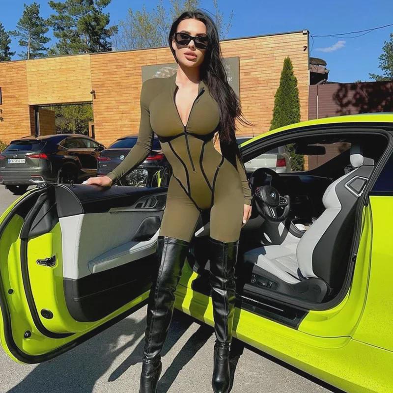 Leather-Split Design, Sports-Style Sexy Long-Sleeve Jumpsuit