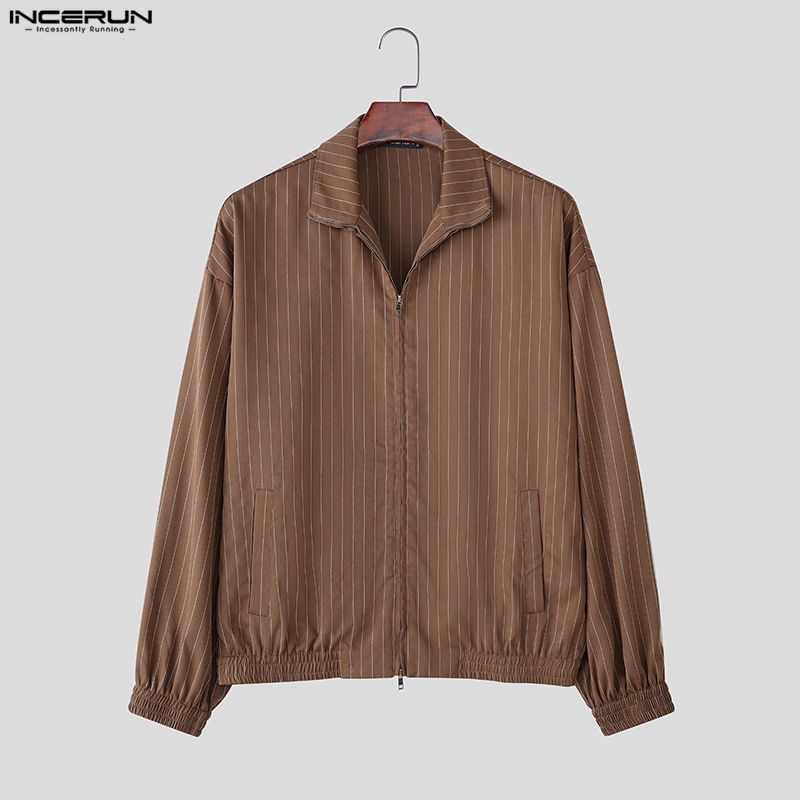 INCERUN Men Lapel Neck Long Sleeve Striped Casual Zip-up Thin Jackets Coats