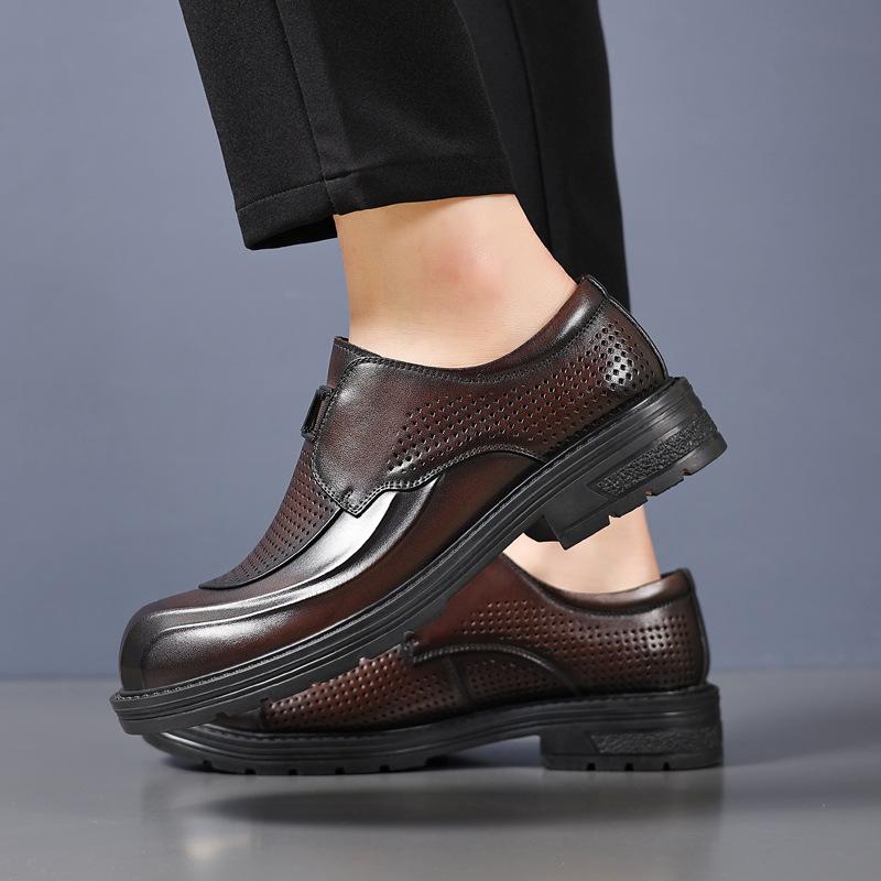 Men's shoes 2025 new breathable business dress hollow leather shoes men's thick-soled big head derby sandals