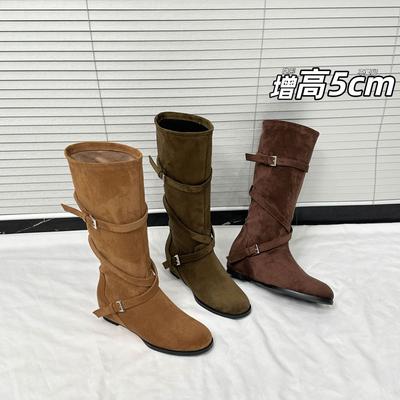 5 Cm Heightened Belt Buckle Maillard Boots Women's 2025 New Retro Round Head Pleated Suede Knight Boots