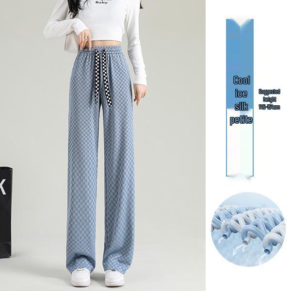 Checkered Ice Silk Wide-Leg Pants for Women, Summer 2025: High-Waist, Floor-Length, Casual Petite Straight-Leg Design