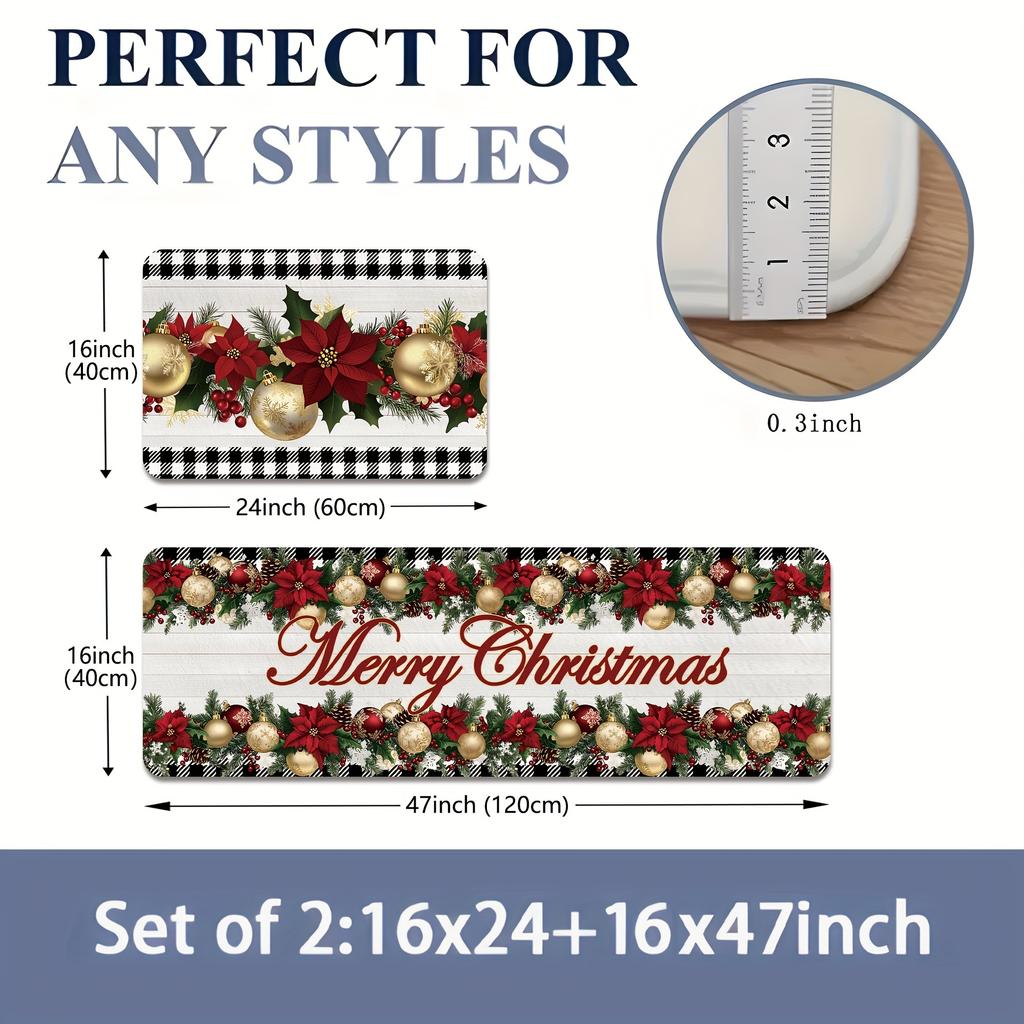 2Pcs Anti Fatigue Kitchen Rugs Christmas Waterproof Non-Slip Thick Cushioned Kitchen Mat Heavy Duty Comfort Standing Mat for Kitchen