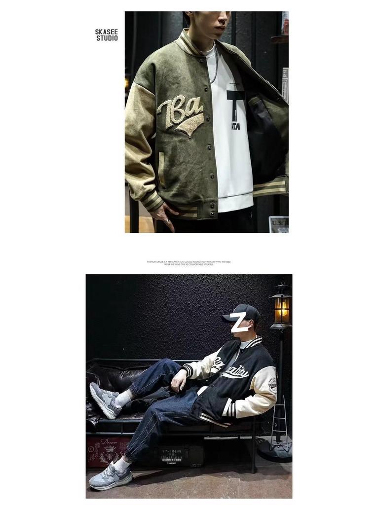 Męska Retro Zamszowa Kurtka Baseballowa - Haftowany Bomber z Frotte na Jesień/Zimę