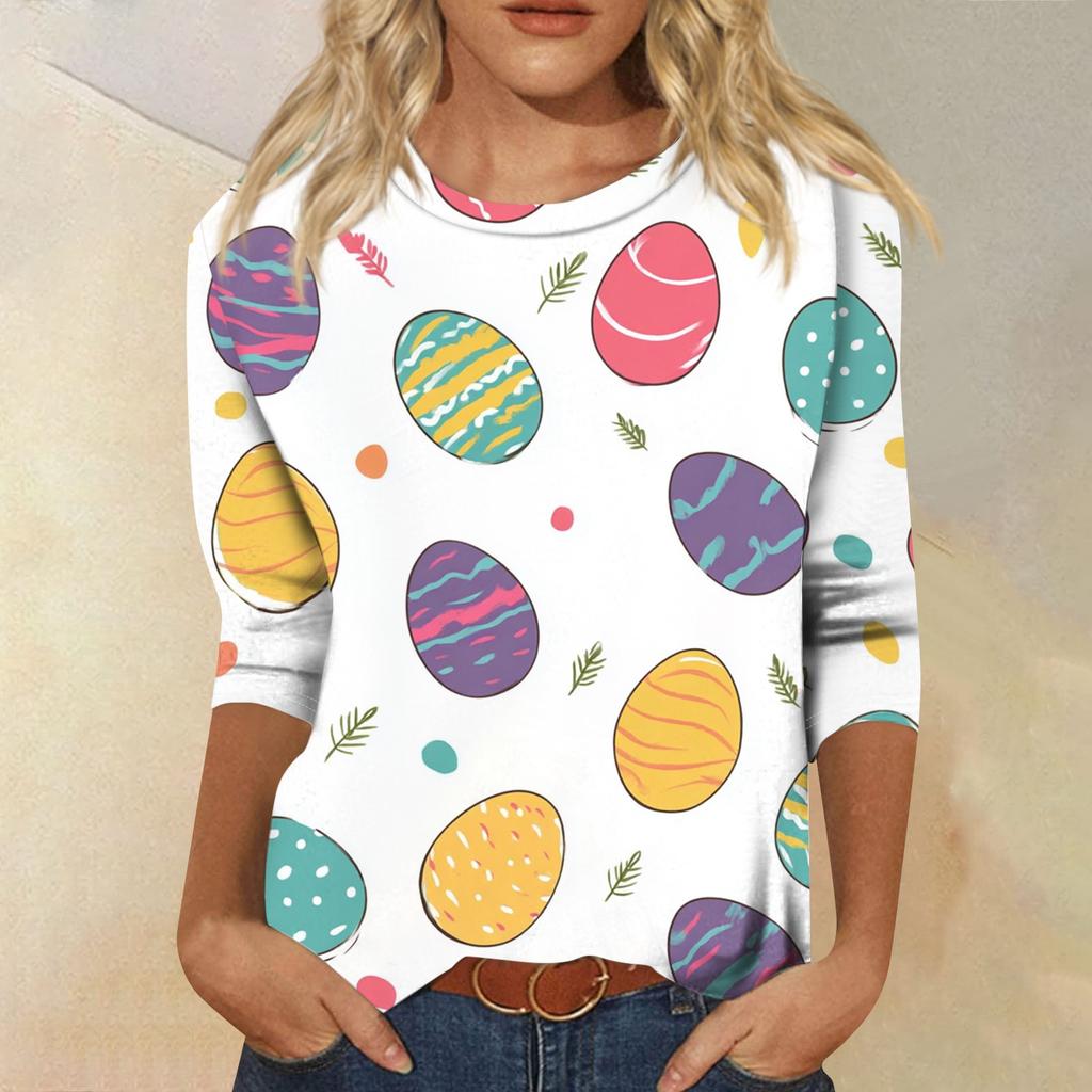 Women's Fashion Casual Sleeve Easter Elements Print Round Neck Top