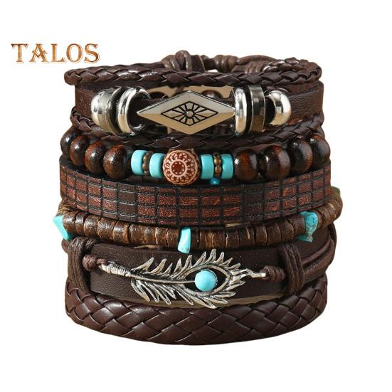 

6 шт. плетеный браслет набор разных форм деревянные бусины декор павлинье перо кулон ретро этнический стиль искусственный бирюзовый камень браслет на запястье 6pcs