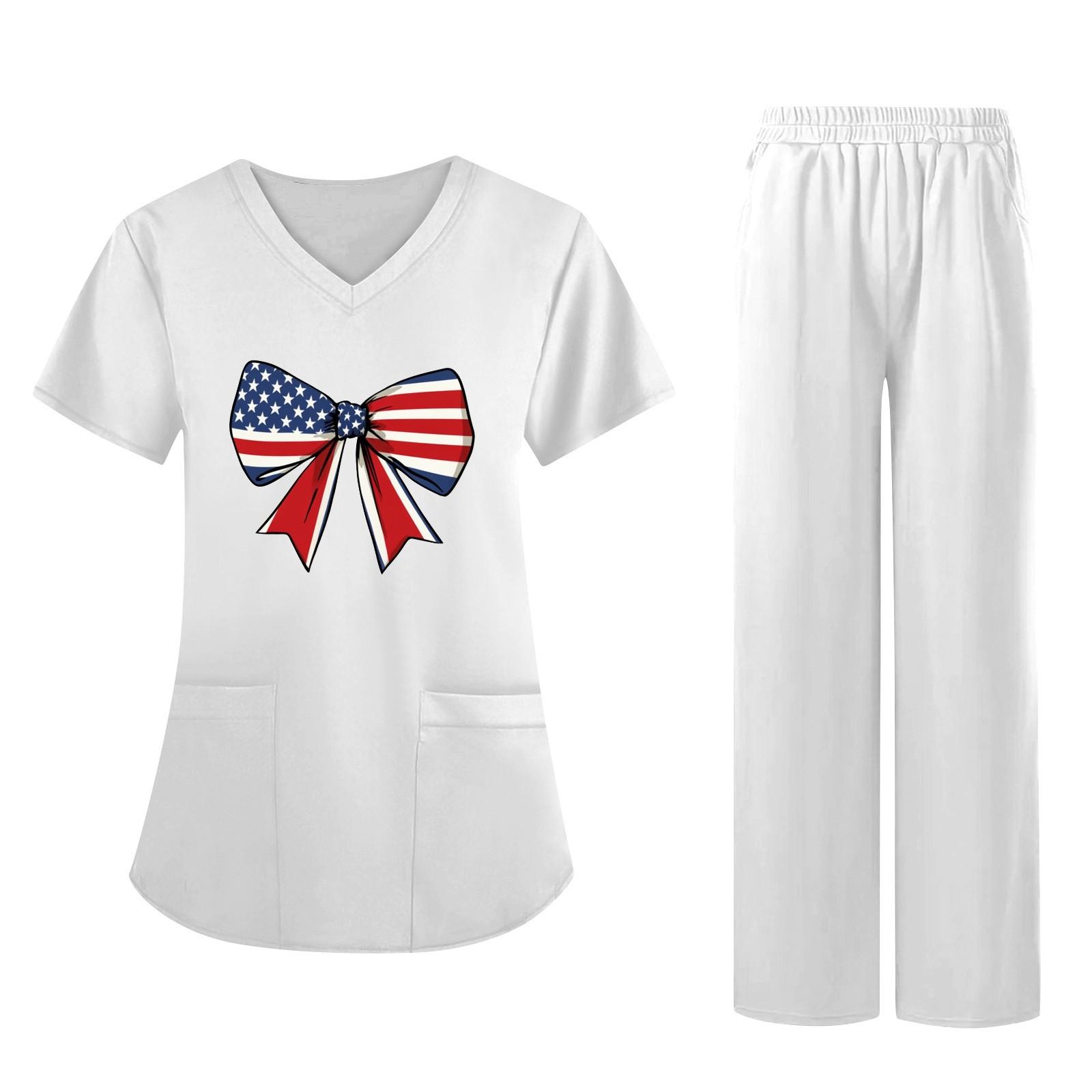 

Women s Fabric Printed V Neck Pocket Short Sleeved Pants Set Workwear XL білий