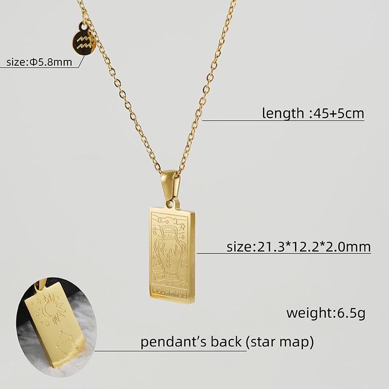 18K Gold Stainless Steel Zodiac Pendant Necklace - Square Constellation Design for Women