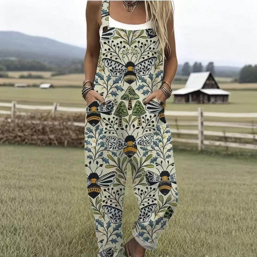 Women's Sleeveless Mid Rise 3D Digital Print Loose Casual Overalls Jumpsuit For Summer