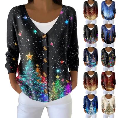 Women's Fashion Long Sleeve Christmas Snowman Snowflake Print Jacket Cardigan