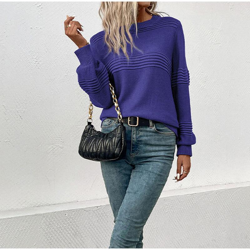 Autumn Casual Top Multi-Color Crew Neck Long Sleeve Jacquard Solid Color Women Sweater