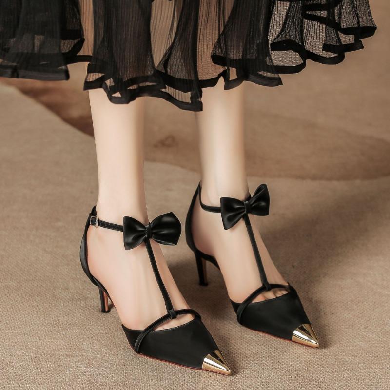 

H555-1 pointed head color matching high heel sandals women s thin heel bag head hollow sandals beautiful bow high heels women 34 чёрный